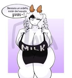 anthro apron apron_only apron_pull big_ass big_breasts big_butt big_nipples big_thighs breast deer deer_girl deer_horns demon demon_girl enjoying heart_eyes horns kay_(srnava) milf mother oc spanish_text srnava text text_bubble thick_thighs thighs thighs_together white_hair white_skin