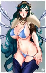 aviator_irelia blue_hair bra green_eyes huge_breasts irelia_xan league_of_legends merellyne panties pubic_hair pulling_panties riot_games simple_background stripping the_grind_series