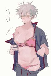 akoku big_breasts blush bra canon_genderswap cleavage colored_sketch female female_only genderswap_(mtf) ginko_sakata gintama gintoki_sakata messy_hair nosebleed off_shoulder one_breast_out open_shirt panties pants_down pink_bra pink_panties rule_63 short_hair solo strawberry_print undressing very_short_hair white_hair