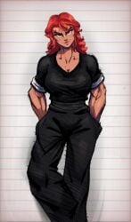 artist_request baki baki_the_grappler black_clothing breasts clothing color female female_only grappler_baki long_hair looking_at_viewer red_eyes red_hair rule_63 smiling_at_viewer standing tunometecabrasaramambiche yujiro_hanma