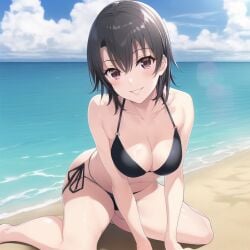 1girls ai_generated alluring bare_legs beach big_breasts bikini female female_only my_teen_romantic_comedy_snafu nai_diffusion ocean on_knees purple_eyes sea silf solo stable_diffusion sunshine yukinoshita_haruno