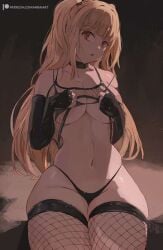 arm_sleeves black_fishnet_legwear black_panties black_thong blonde_hair breasts collar covering_breasts death_note female female_focus female_only fishnets latex_gloves latex_sleeves medium_breasts miraiart miraihikari misa_amane o_mouth open_mouth red_eyes shy thick_thighs