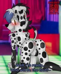 101_dalmatian_street 101_dalmatians anthro ass big_butt big_penis blush canid canine canis clothing clubstripes dalmatian dialogue disney domestic_dog dots dvan_(character) dvan_arts_(artist) fan_character floor genitals hi_res horny male mammal nude penis solo spots spotted_body