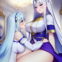 2girls blue_eyes blue_hair breast_size_difference breast_sucking_envy breasts character_request curvy curvy_body curvy_female curvy_milf female female_focus female_only hand_on_hip high_quality high_resolution huge_breasts human human_only imminent_breast_sucking lesbian long_hair looking_at_another looking_at_partner medium_breasts milf milf_love_young_woman multiple_girls romantic romantic_couple sitting thick_thighs voluptuous voluptuous_female young_woman young_woman_and_milf younger_female yuri