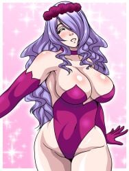 1girls alternate_costume bare_thighs breasts camilla_(fire_emblem) choker cleavage closed_eyes elbow_gloves female female_only fire_emblem fire_emblem_fates flower gloves grin hair_flower hair_over_one_eye head_wreath inabakun00 large_breasts leotard long_hair nintendo purple_hair smile solo thighs very_long_hair