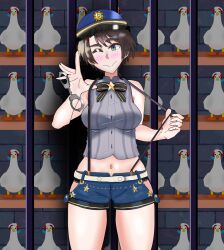 1girls black_hair brown_hair duck eddarxart female_only grey_shirt handcuffs hat holding_object hololive hololive_gen_2 hololive_japan jail jail_bars jail_cell midriff navel oozora_subaru panties panties_peek police police_hat police_officer police_uniform policewoman prison prisoner ribbon short_shorts shorts smile solo solo_female stars streamer suspenders suspenders_pull thick_thighs thighs tomboy virtual_youtuber vtuber wink winking winking_at_viewer