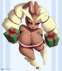 1girls absurd_res anthro anthro_bunny anthrofied bedroom_eyes between_breasts big_ass big_breasts blush breasts bunny bunny_girl candy_cane choker christmas christmas_outfit cleavage clothing curvaceous curvy female female_pokemon fur furry furry_only gammainks generation_4_pokemon gift_box hi_res high-angle_view holidays huge_ass huge_breasts lagomorph large_ass large_breasts legwear leporid lopunny nintendo pokémon_(species) pokemon pokemon_(species) solo solo_female thick_thighs thighs tongue wide_hips