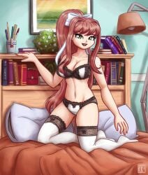 artist_logo bed book books bookshelf bow_panties bra cleavage commission detailed_background doki_doki_literature_club female green_eyes king-kakapo lamp lingerie long_hair matching_underwear monika_(doki_doki_literature_club) navel panties pen pencil picture_frame pillow pillows plant thighhighs