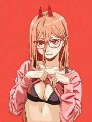 blonde_hair bra breast_padding breasts chainsaw_man cleavage_cutout cute demon_girl demon_horns eyewear glasses mappa power_(chainsaw_man) shiren shirt_lift shounen_jump smile