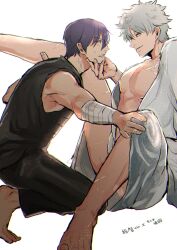 2boys bandages gay gintama gintoki_sakata hand_on_another's_face holding_face imminent_sex kimono kneeling leg_grab leg_lift legs_held_open looking_at_another male male_only ocha_ag open_kimono profile purple_hair sleeveless_shirt smile spread_legs sweatdrop takasugi_shinsuke toned toned_male white_hair yaoi