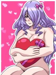 1girls bare_thighs bow breasts camilla_(fire_emblem) completely_nude female female_only fire_emblem fire_emblem_fates gift hair_over_one_eye inabakun00 large_breasts long_hair looking_at_viewer nintendo nude nude_female pink_eyes purple_hair sitting smile solo thick_thighs thighs very_long_hair