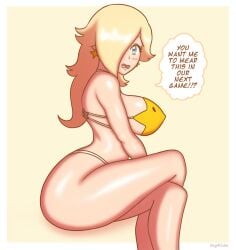 artist_signature beg4cake bikini blank_background blonde_hair blue_eyes blush covered_nipples earrings large_breasts looking_at_viewer luma_bikini mario_(series) nintendo princess_rosalina speech_bubble star-shaped_earrings super_mario_galaxy text text_bubble thick_thighs