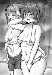 after_sex ass astolfo_(fate) beach blush fate/grand_order fate_(series) femboy femboy_on_female fujimaru_ritsuka_(female) gudako monochrome steam string_bikini sweat sweatdrop swimsuit thick_thighs toonnik