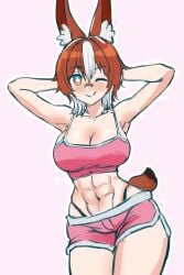 1girls 2d abs animal_ears athletic_female belly_button big_breasts breasts bunny_ears bunny_girl bunny_tail clothed clothing female female_only hands_behind_own_head highres indie_virtual_youtuber looking_at_viewer minsterpduke muscular muscular_female one_eye_closed poiboi_(vtuber) short_hair solo tagme tail thick_thighs thighs virtual_youtuber wink