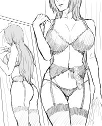 1girls absurdres ass bleach bra breasts condom dressing_room garter_belt ginger greyscale highres huge_breasts inoue_orihime iwao178 large_breasts large_butt lingerie mirror monochrome panties second-party_source smile underwear