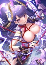 bondage collar embarrassed exposed_breasts genshin_impact night no_bra purple_eyes purple_hair raiden_shogun raiden_shogun_(magatsu_mitake_narukami_no_mikoto) rope rope_between_breasts rope_bondage shy starry_sky very_long_hair