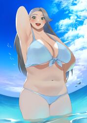 1girls big_breasts bikini bikini_bottom bikini_top blue_bikini breasts cleavage female female_only game_freak green_eyes grey_hair hair hand_behind_head huge_breasts lin_(artist) long_hair mature mature_female mature_woman melony_(pokemon) milf mother open_mouth pokemon pokemon_ss solo solo_female swimsuit swimwear thighs voluptuous