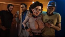 3d alternate_breast_size big_breasts bioshock bioshock_infinite cleavage elizabeth_comstock ellis_(left_4_dead) glasses nick_(left_4_dead_2) nipple_slip open_shirt ponytail shiftop short_skirt tagme white_shirt