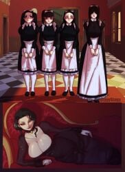 absurd_res alternate_costume apron big_breasts black_hair blush bursting_breasts canon_genderswap choker cleavage demon_girl demon_slayer dress female female_only fully_clothed genderswap_(mtf) hair_over_eyes hi_res indoors kamado_nezuko kanzaki_aoi_(kimetsu_no_yaiba) kimetsu_no_yaiba long_hair looking_at_viewer maid maid_uniform multiple_images muzan_kibutsuji nakime nervous on_side red_eyes red_lipstick rule_63 slit_pupils smile sofa sweatdrop syzygystagy tsuyuri_kanao vampire very_high_resolution victorian