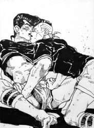 2boys black_hair clothed diamond_is_unbreakable eyes_closed gay gay_kissing jojo's_bizarre_adventure josuke_higashikata kissing male male/male male_only okuyasu_nijimura pompadour shirt_lift shorts socks yaoi