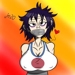 arms_behind_back asian big_breasts bondage bound_arms breasts clothing female gorillaz human je20 looking_at_viewer nipples noodle_(gorillaz) noodle_(pac-man) pale_skin punk_girl sportswear tank_top tape_gag taped_mouth