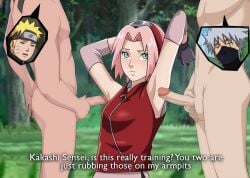 1girls 2boys armpit armpit_crease armpit_fetish armpit_sex armpits arms_up confused edit hatake_kakashi naked naruto naruto_shippuden necroxxx sakura_haruno standing tagme text threesome underarm uzumaki_naruto yourenotsam