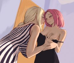 2girls aad2dd adult age_difference blonde_hair blush clothed_sex clothing dress female female_only forehead_mark looking_at_another mature mature_female multiple_girls naruto naruto:_the_last naruto_(series) naruto_shippuden nipples no_bra older_female one_breast_out pink_hair rubbing rubbing_nipples sakura_haruno strap_slip teacher_and_student teenager tsunade younger_female yuri