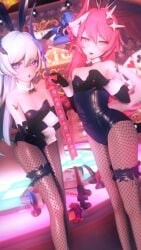 2girls 3d blue_eyes blue_hair bunny_ears bunny_girl bunnysuit condom_box condom_packet_strip condom_wrapper condoms dildo elbow_gloves female_only fishnets honkai_impact_3rd horn koikatsu liliya_olenyeva long_legs looking_at_viewer open_mouth petite pink_hair purple_eyes rozaliya_olenyeva sex_toy sexually_suggestive small_breasts smile smiling_at_viewer smug taihou1944 tail thin_female