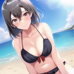 1girls ai_generated alluring bare_legs beach big_breasts bikini female female_only my_teen_romantic_comedy_snafu nai_diffusion ocean on_knees purple_eyes sea silf solo stable_diffusion sunshine yukinoshita_haruno