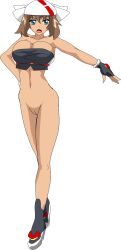 alluring athletic_female bandana crop_top fallere825 female_abs fingerless_gloves fit_female hair_bandana looking_at_viewer may_(pokemon) may_(pokemon_emerald) naked_from_the_waist_down open_mouth pokemon pokemon_(anime) pokemon_rse pussy workout_clothes