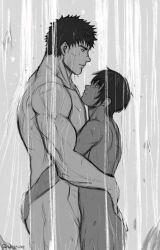 1boy 1girls akistrike berserk black_and_white canon_couple casca dark-skinned_female female groping_ass guts_(berserk) hugging human muscular_male nude very_short_hair wet wholesome