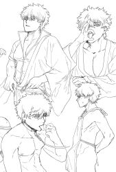 apron arms_behind_back bulge cleavage collar erection_under_clothes fellatio_gesture gintama gintoki_sakata godzillapigeon1 japanese_clothes kimono leash looking_at_viewer male male_only monochrome multiple_scenes multiple_views naked_apron open_mouth popped_collar sketch sketch_page solo sweatdrop tenting toned toned_male tongue_out unbuckled_belt undressing