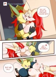 big_breasts braixen bray_(lucyfercomic) breasts eeveelution female female_focus kaito_(inarifox) leafeon lucyfercomic male nintendo nipples pokemon pokemon_(species)