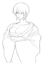 big_breasts breast_squish breasts bursting_breasts cleavage expressionless female female_only genderswap genderswap_(mtf) gintama hair_over_one_eye kimono looking_at_viewer monochrome not_responding one_eye_closed open_kimono rule_63 sarashi short_hair sketch solo takasugi_shinsuke upper_body very_short_hair