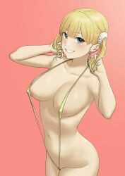 absurdres areola_slip ass bangs blonde_hair blue_eyes blush breasts collarbone cowboy_shot female grin hair_ornament hands_up highres large_breasts looking_at_viewer navel original pink_background simple_background slingshot_swimsuit smile swimsuit tantanmen72 teeth twintails