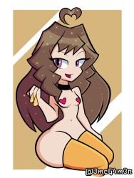 brown_hair choker condom_in_hand heart-shaped_hair heart-shaped_pupils hispanic_virtual_youtuber indie_virtual_youtuber jmcg4m3r kiara_fey purple_eyes seductive_look sitting sparkles taped_nipples thighhighs used_condom virtual_youtuber white_skin