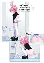 anthro anus bathroom black_clothing black_shirt black_topwear blue_eyes blush bodily_fluids bottomwear bottomwear_pull censored censored_pussy clothing clothing_pull comic crouching denim english_text female footwear fur genital_fluids genitals hair high_heels lagomorph legwear leporid mammal mosaic_censorship peeing pink_body pink_fur pink_hair pussy rabbit shirt skirt skirt_pull socks solo squat_toilet standing text thigh_highs thigh_socks thighhighs toilet toilet_paper toilet_use topwear unoroute unousaya urine urine_stream white_socks