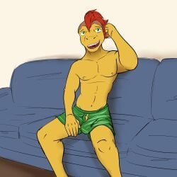 agumon anthro anthrofied bandai_namco barely_visible_genitalia barely_visible_penis boxers_(clothing) boxers_only clothed clothing digimon digimon_(species) digimorph furniture fuze genitals hi_res male male_only mohawk navel nipples on_sofa penis sitting sofa solo topless underwear underwear_only waking_up