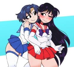 2girls advancing ami_mizuno arm_gloves bishoujo_senshi_sailor_moon blush blushing clothing jennlumm leggings leotard multiple_girls rei_hino ruffled_skirt sailor_mars sailor_mercury sailor_scout sailor_uniform skirt small_breasts smooth_skin stockings yuri