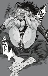 1boy 1girls bar_censor bottomless cleavage demon_boy demon_slayer female from_behind full_nelson genderswap_(mtf) grin gyutaro head_grab hi_res kimetsu_no_yaiba legs_up male messy_hair monochrome no_bra one_breast_out open_shirt penis pussy_juice rape rule_63 sharp_teeth sitting smile sweat uzui_tengen vaginal_penetration