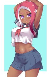 agent_8_(splatoon) black_skin blue_skirt midriff nintendo octoling octoling_girl pengin_maru pink_hair purple_eyes school_uniform schoolgirl short_skirt splatoon splatoon_2 tagme tanned_female tanned_skin tentacles white_shirt