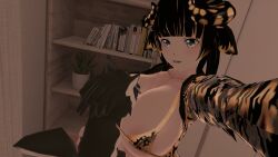 1futa 3d animated bed black_hair blue_eyes breasts fendravr futa_only futanari gold_hair horns horsecock horsecock_futanari huge large_breasts minotaur minotaur_futanari solo stockings thick_thighs vrchat