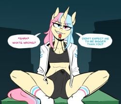 blue_eyes bodily_fluids bottomwear bulge candy_floss_(oc) clothing cum equid equine footwear genital_fluids gynomorph hasbro heterochromia horn intersex mammal my_little_pony purple_eyes redxbacon shorts socks unicorn wet_patch whistle