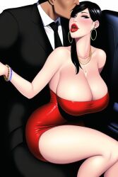 ai_generated bimbo bimbo_lips black_hair bracelets cleavage forehead_kiss formal_wear hoop_earrings huge_breasts inside_car jewelry large_breasts nai_diffusion necklace original prostitution red_lips red_lipstick short_skirt sitting_on_lap stable_diffusion strapless_dress tight_dress