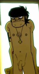 1boy biracial_male black_hair chest_hair colored dick edit facial_hair gorillaz murdoc_niccals navel penis screencap screenshot_edit soft_penis solo tattoo tattoo_on_arm upside_down_cross