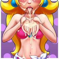 1girls 2022 big_lips bikini bikini_bottom bikini_top blonde_hair breasts cum cum_in_hair cum_in_hands cum_in_mouth cum_on_body cum_on_breasts cum_on_face cum_on_hand earrings female long_hair mario_(series) mouth nintendo official_alternate_costume open_mouth pink_lips pink_lipstick pink_nail_polish pink_nails precum_on_breasts princess_peach shaxbert super_mario_odyssey swimsuit tongue tongue_out white_skin yellow_hair