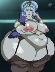 1girls adultart_(artist) big_areola big_breasts big_nipples blue_eyes blue_hair bracelet breasts dimension_w double_chin eyeshadow female fur_coat gold_jewelry jewelry lingerie lipstick mary_(dimension_w) obese overweight overweight_female painted_nails partially_clothed red_lipstick stockings thick_thighs wide_hips