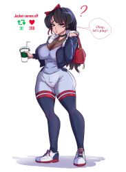 big_breasts black_hair breasts clothing dark_hair hips huge_breasts jacket leggings legs marko141 marko141meme meme oc original ponytail retweet_challenge retweet_icon ribbon ribbons shirt shoes standing tagme thick_thighs thighs wide_hips