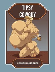 balls big_breasts big_nipples big_pecs blonde_hair calendar_pinup cow_boy ganado_bravo horns huge_breasts huge_pecs hyper hyper_muscles hyper_pecs kartos liquor male_only milk_liquor muscular muscular_male penis pouring_on_ass pouring_on_self september smirk tail tipsy_cowguy xianos