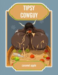 abe_(xianos) apple_bobbing apple_in_mouth apples bara big_breasts big_nipples big_pecs bobbing_for_apples caramel caramel_apple cow_boy gay horns hyper hyper_muscles hyper_pecs kartos liquid_on_breast liquor_bottle male_only milk_liquor november thanksgiving tipsy_cowguy xianos